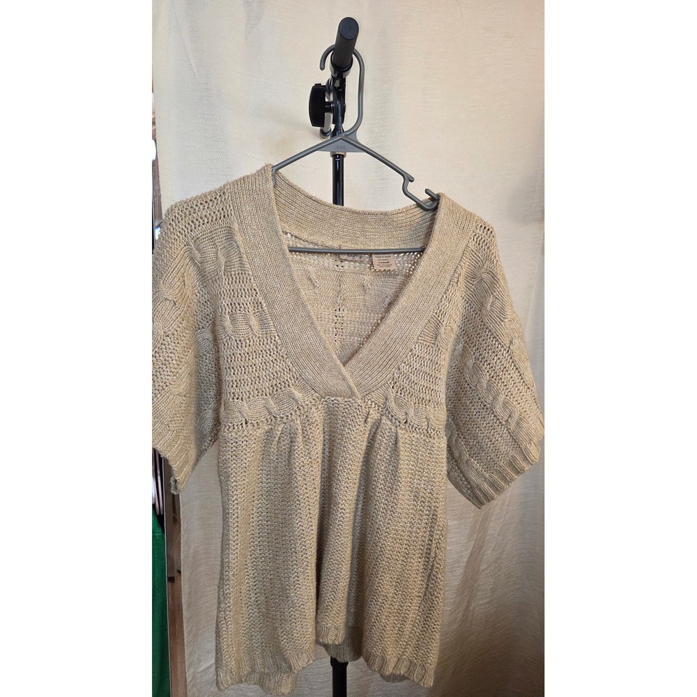 Daytrip Tan Beige Cable Knit V-Neck Empire Waist Short Sleeve Sweater Large